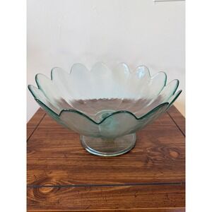 Large Glass Scalloped Pedestal Bowl Aqua Blue Centerpiece 15"